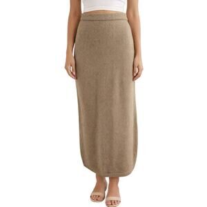 Vintage 1980s Women's Large Haberdasher Taupe Knit Midi Skirt Button Back